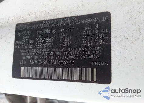 2010 Hyundai Santa Fe Gls z USA, uszkodzony, nr VIN 5NMSG3AB1AH385978